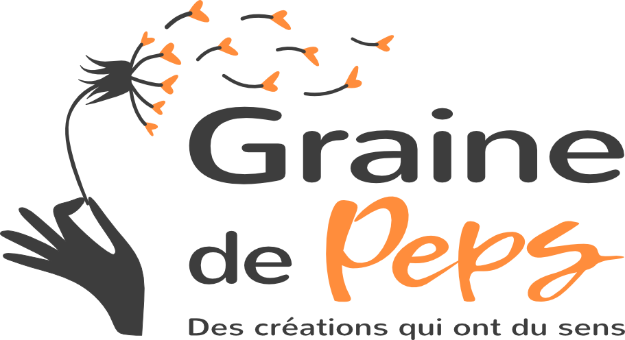 Logo Graine de Peps fond clair Logo graine de peps une main tenant un pissenlit, graines en coeur, créativité, empathie